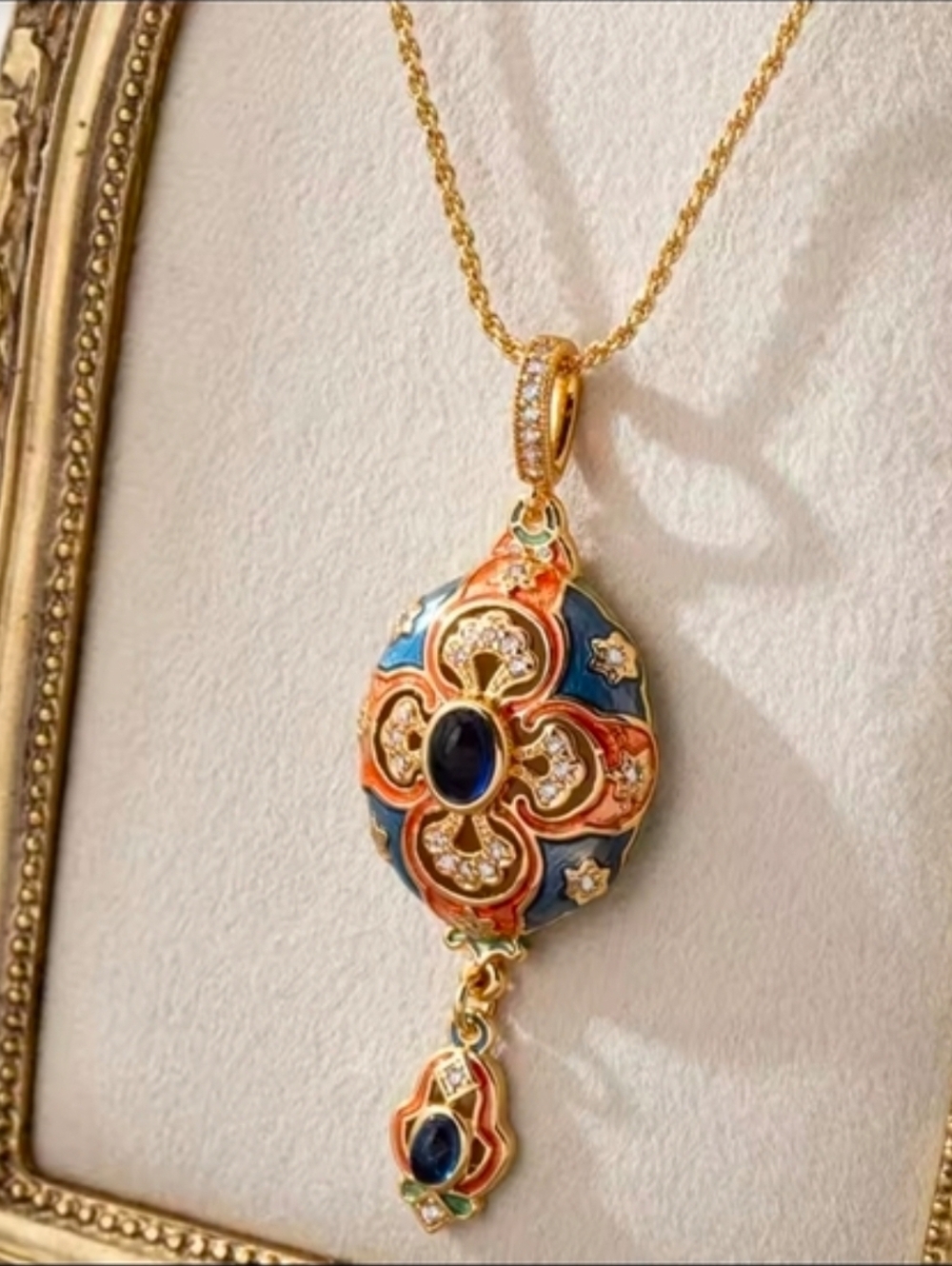 Gold-Tone Blue and Orange Enamel Pendant Necklace - Picture 5 of 6